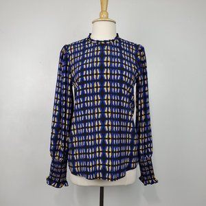 Rachel Zoe Contemporary Fit Geometric Print Ruffle Neck Top With Shirred Cuff M